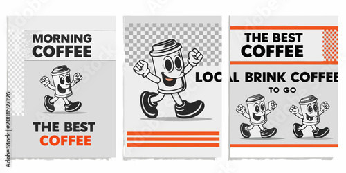 Obraz na plátně Anthropomorphic Coffee Cup Characters Vintage style Poster Design
