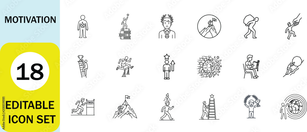 Fototapeta premium Motivation line icon set. success, goal, achievement, mindset, confidence, leadership, inspiration, growth, trophy, opportunity. Editable stroke. Vector illustration