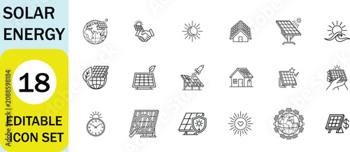 Solar Energy line icon set. photovoltaic, solar farm, rooftop, sunshine, clean energy, eco, power, home, environment, innovation. Editable stroke. Vector illustration