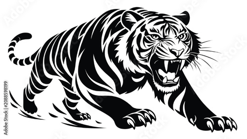 Tiger graphic displays a fierce predator in a dynamic stalking posture with sharp details suitable for professional creative design projects requiring bold monochromatic animal illustrations.