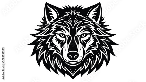 Wolf head features a stylized monochrome design that captures the fierce and wild nature of the predator in a clean artistic format suitable for various creative design projects.