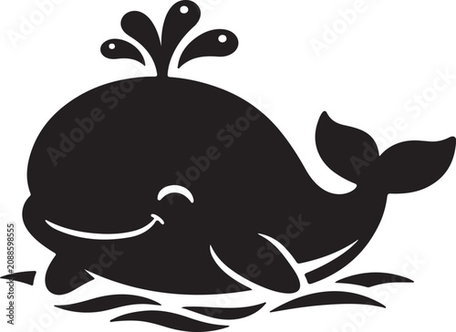  Cute black and white cartoon whale spouting water with smiling face.