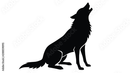 Wolf silhouette sitting and howling at the moon provides a classic wilderness imagery perfect for outdoor adventure branding or nature conservation materials that require a striking visual.
