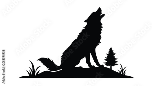 Wolf howls at the moon while sitting on a small grassy hill with a single pine tree standing silently in the background of this dark and moody silhouette scene.