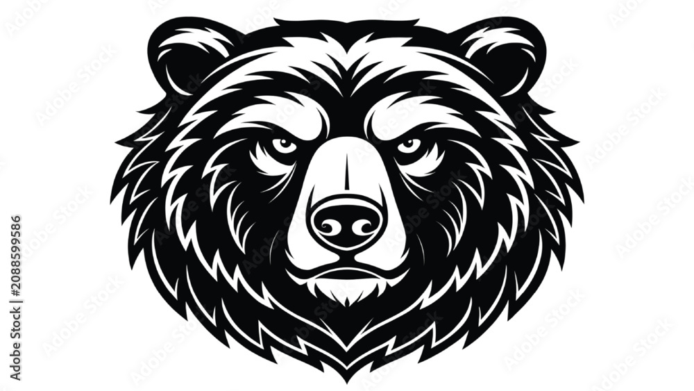 Fototapeta premium Bear head stares directly forward with an intense and aggressive expression captured in a bold black and white graphic illustration style for branding.
