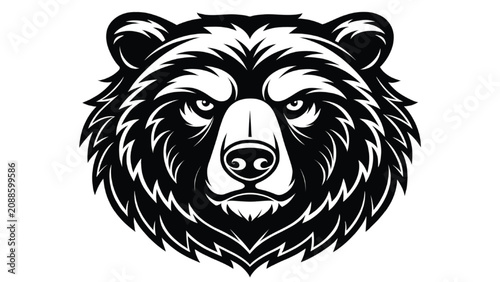 Bear head stares directly forward with an intense and aggressive expression captured in a bold black and white graphic illustration style for branding.