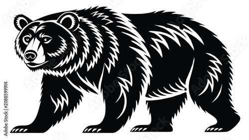 Bear walks forward while showing detailed fur texture and a strong muscular build in this stylized black and white illustration of a forest predator.