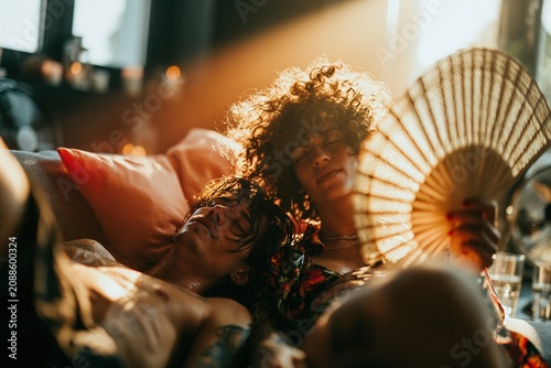 Overheated couple reclining on a sofa during a summer heatwave while using a hand fan for relief, sweaty and listless in a warm glowing room
