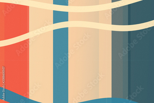 Abstract geometric mural with curved bands and striped blocks in coral, blue, and beige, creating a modern, playful background with clean space for text.