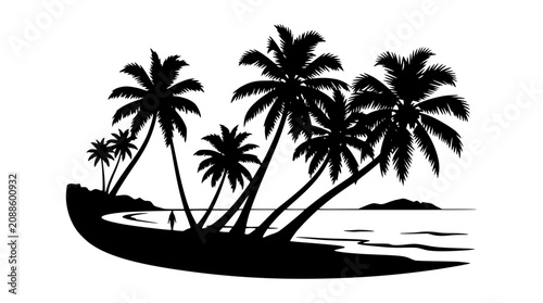 Tropical Beach Silhouette with Palm Trees and Ocean Waves
