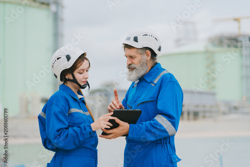 Oil industry concept. Industrial worker safety helmet blue coverall tablet computer teamwork refinery engineer technician protective clothing helmet