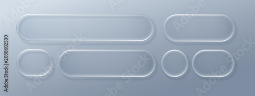 Transparent glass buttons with glossy liquid effect. Modern 3D UI elements featuring frosted frames, light gradients, and sleek geometric shapes for digital interfaces