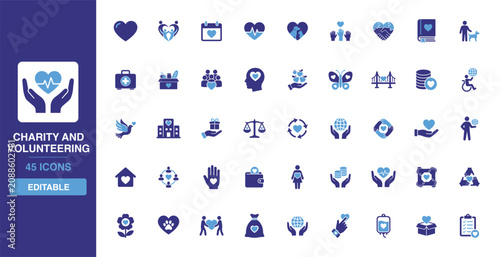 Quadro su tela Charity and Volunteering icon set showcasing nonprofit organization support, community donation boxes, humanitarian volunteering and medical aid glyph designs for altruism campaigns