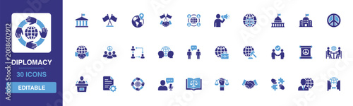Konstfotografi Diplomacy icon set presenting peaceful international relations, government negotiations, global treaties, bilateral alliance agreements and political mediator glyph designs for civic slides