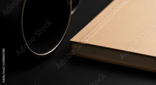 Minimalist Composition Of Notebook And Coffee Mug On Dark Surface