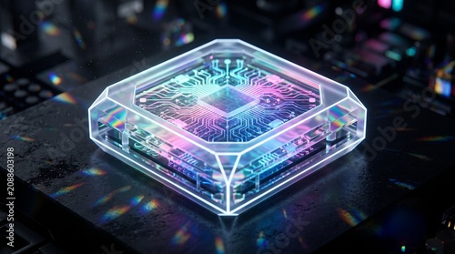 3D render of a futuristic transparent glass microchip processor with glowing neon circuits and rainbow prism light effects on a motherboard