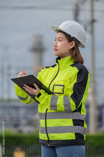Fotografija Professional female industrial engineer wearing safety gear uses a clipboard to inspect electrical infrastructure at a modern power plant facility to ensure reliable daily energy production