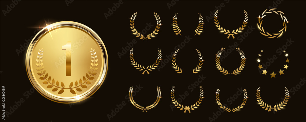 Fototapeta premium Gold award medals with laurel wreath. Golden medals with number one and leaf wreath on black background. 3d metal winner emblems. Realistic vector illustrations set.