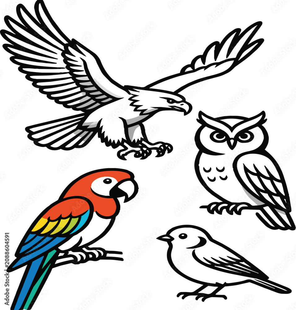 Obraz premium Stylized bird vector set featuring bald eagle, owl, macaw parrot, and songbird. Avian wildlife illustrations for nature branding and educational graphics.