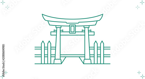 Fotografie Traditional Japanese torii gate line icon with wooden fence representing shinto