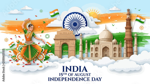 Φωτογραφία India Independence Day 15th of August banner, Indian monuments and classical dan