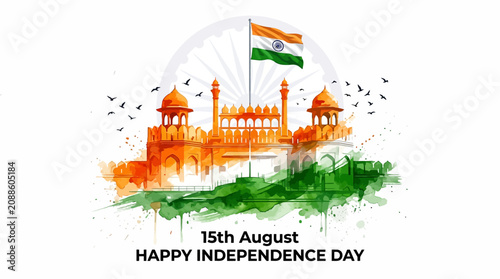 Foto Indian Independence Day watercolor illustration, Red Fort landmark with tricolor