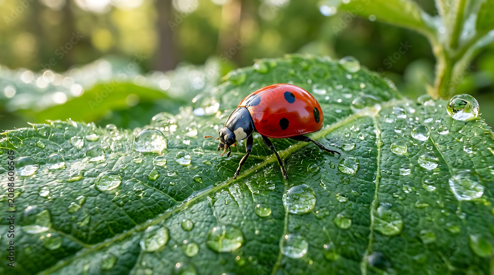 Obraz premium Macro shot of a red ladybug walking on a green leaf covered with morning dew drops in the garden