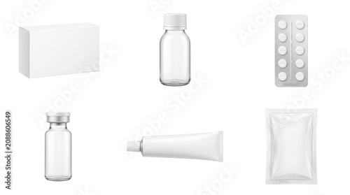Fotografie Collection of blank pharmaceutical packaging and medical supplies