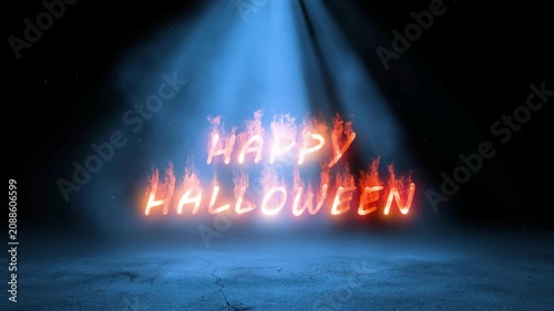A Happy Halloween sign glows against a spooky, dark street. A Halloween banner in a spooky night a 