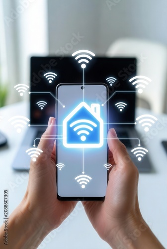 Hands holding a modern smartphone displaying a glowing smart home automation icon with multiple connected wireless network symbols floating around the bright digital device screen display