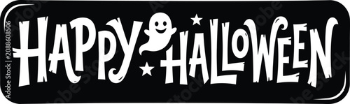 Halloween greeting with ghost and stars on black