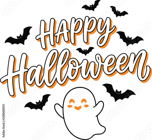 Halloween greeting with ghost and bats