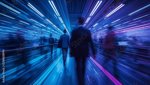 Business People Walking in Futuristic Corridor With Motion Blur Representing Speed Technology And Digital Transformation in Modern Corporate Office