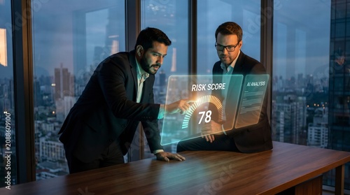 Focused analysts examining holographic risk score gauge in a modern financial office