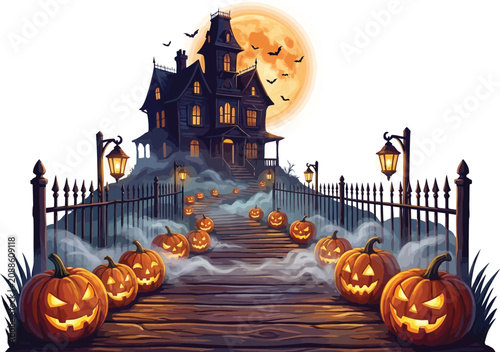 Spooky Halloween Night with Pumpkins and Haunted House