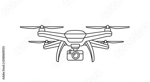 Modern drone with camera, line art, isolated on white background