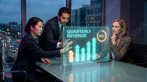 Diverse corporate team reviewing holographic quarterly revenue dashboard in dark office