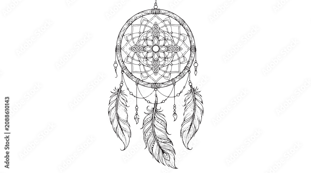 Obraz premium Bohemian dreamcatcher vector illustration, intricate tribal dream catcher with feathers, ethnic mandala line art for coloring and tattoo design