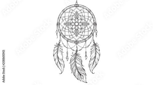 Tableau sur toile Bohemian dreamcatcher vector illustration, intricate tribal dream catcher with f