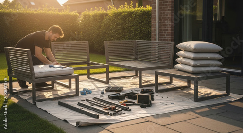 Man Assembling Modern Outdoor Furniture Set On Patio During Golden Hour