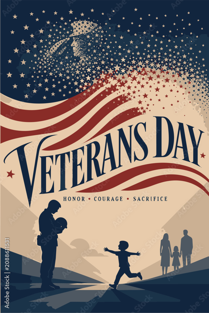 Obraz premium Veterans Day Patriotic Poster, American Flag, Military Tribute, Vector Illustration Veterans Day Celebration Poster, Honoring American Veterans, Patriotic Design American Veterans Day Vector Poster, M