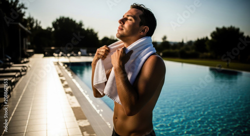 Man Drying Off With Towel By Infinity Pool Under Warm Sunlight