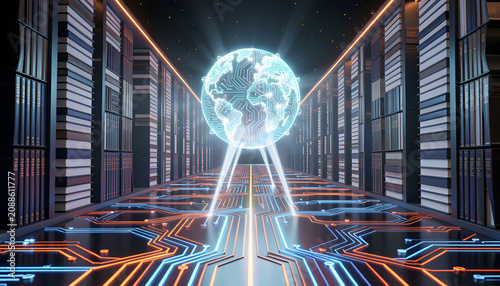 a futuristic digital knowledge corridor, featuring two parallel rows of tall, precisely stacked book towers, created with generative ai