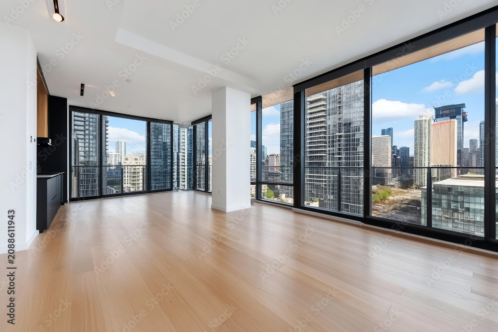 Fototapeta premium Bright empty apartment with floor to ceiling windows offering panoramic city views, showcasing urban living potential