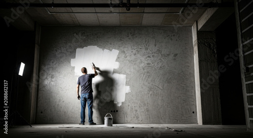 Man Painting A Large Concrete Wall With White Paint In Dim Lighting