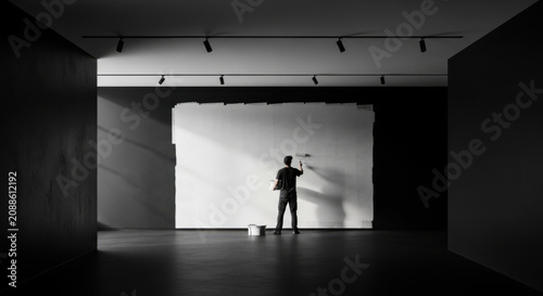 Man Painting A Large White Wall With Roller In A Dark Room