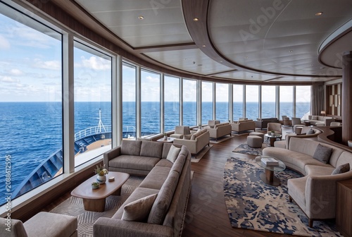 Spacious luxury yacht lounge with curved floor to ceiling windows, beige sofas, wood flooring, soft lighting, and wide sea views from elegant open seating area aboard modern vessel