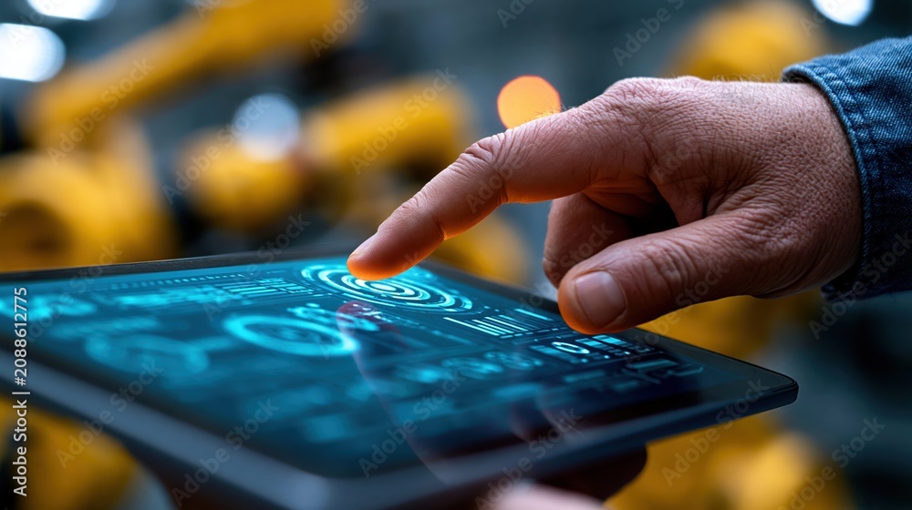 Fototapeta premium Hand operating digital touch interface for robotic turbine manufacturing control