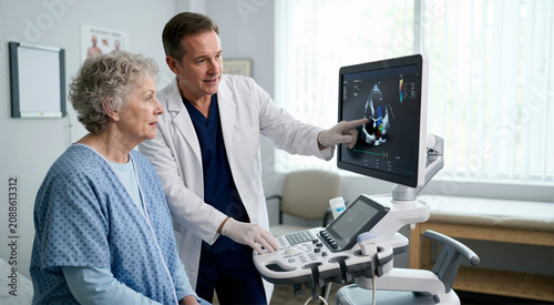 Senior woman observing echocardiogram results with doctor in clinic. Male cardiologist explaining heart valve health diagnosis on ultrasound screen. Cardiology and medical imaging concept