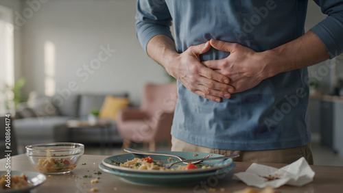 Unrecognizable person clutching painful stomach, highlighting discomfort and health issues. A vivid red glow emphasizes the localized pain. Ideal for medical, wellness, created with generative ai